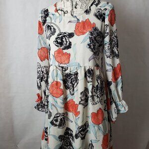 Entro Long Sleeve Cream with Floral Print Dress - Size Small